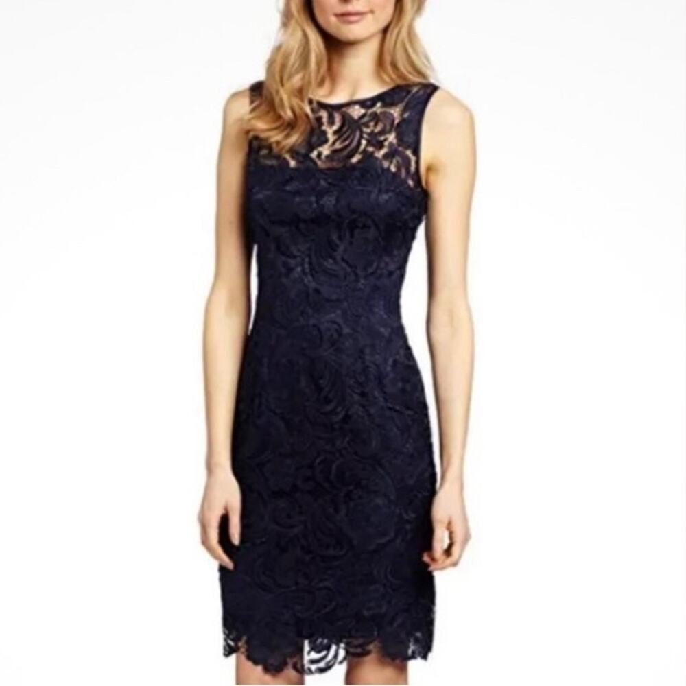 Adrianna Papell Navy Blue Illusion Neckline Elegant Lace Knee Length Dress 4